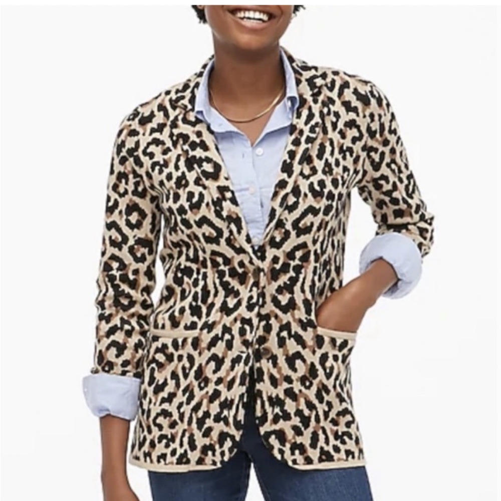 NWT J. Crew Leopard Print Knit Sweater Blazer Jacket XXS Career Office W…